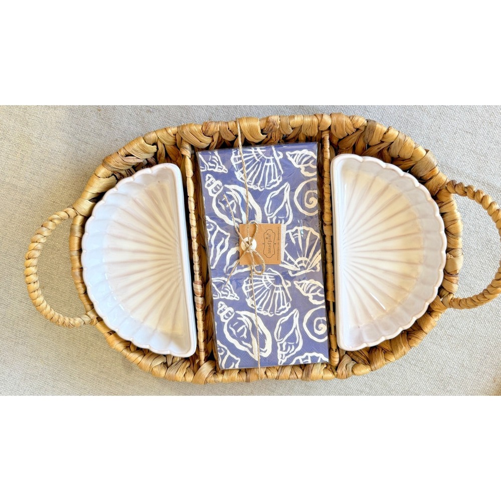 Mud Pie Sea Guest Napkin and Shell Dish Set Hyacinth Serving Basket Beach Decor